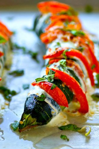 Hasselback Caprese Zucchini Boats