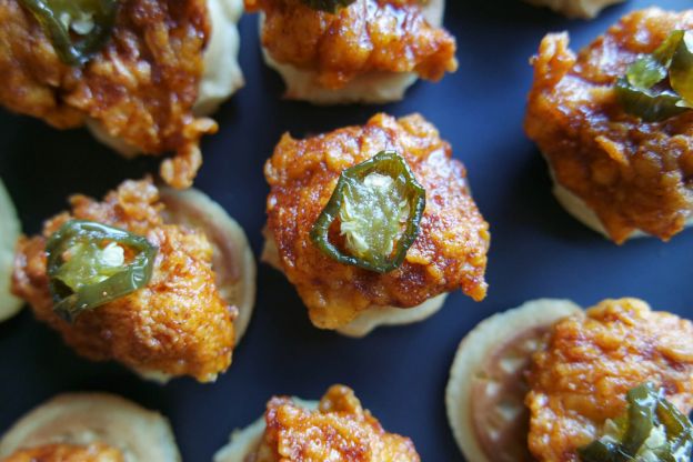 Mini Nashville Hot Chicken & Waffle Bites with Candied Jalapenos