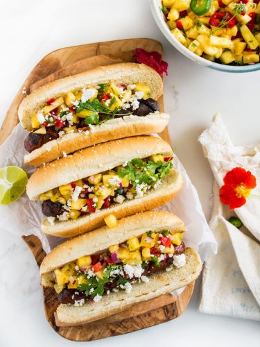 Hoisin Glazed Hot Dogs with Fresh Pineapple Salsa