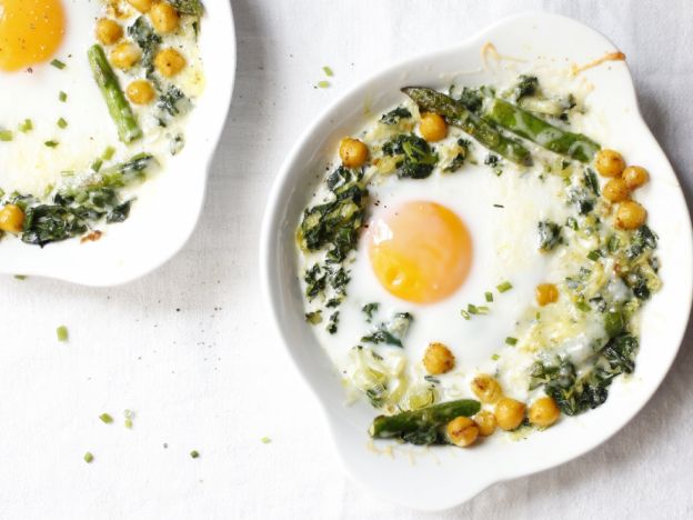Creamy Baked Green Eggs and Hawaji Spiced Chickpeas