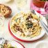 Creamed Spinach Pasta with Sausage and Pine Nuts