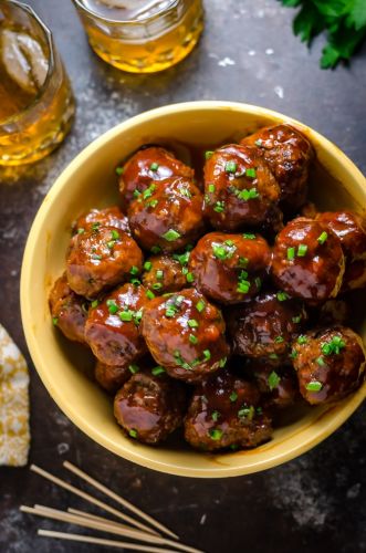 Slow Cooker Sticky Bacon & Whiskey Meatballs