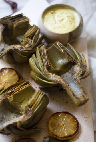 buttery pan-seared artichokes with ponzu aioli