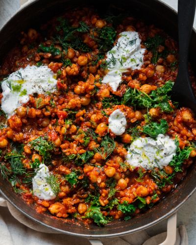 Farro Chickpea Skillet with Tomatoes, Kale, Cardamom & Lime