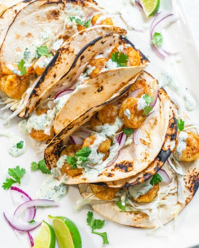 Shrimp Tacos with Cilantro Sauce