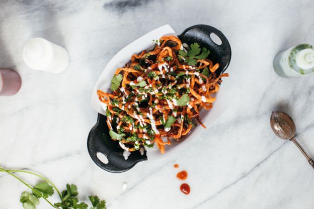 Sweet Potato Curly Fries With Yogurt, Sriracha And Cilantro