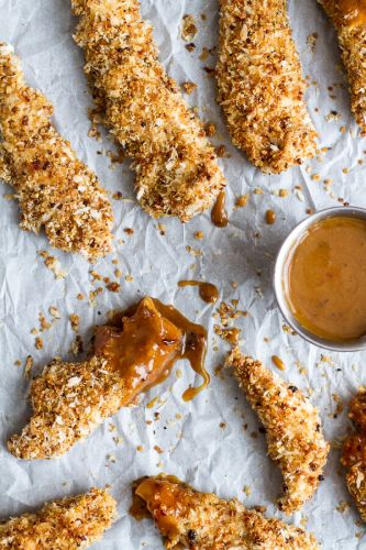 QUINOA CRUSTED CHICKEN STRIPS WITH BBQ HONEY MUSTARD SAUCE