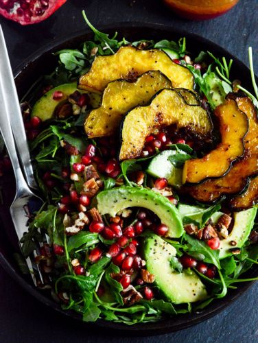 Autumn Arugula Salad with Caramelized Squash and Pomegranate-Ginger Vinaigrette