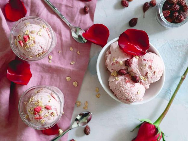 Rose Hip Ice Cream with Strawberries and Granola