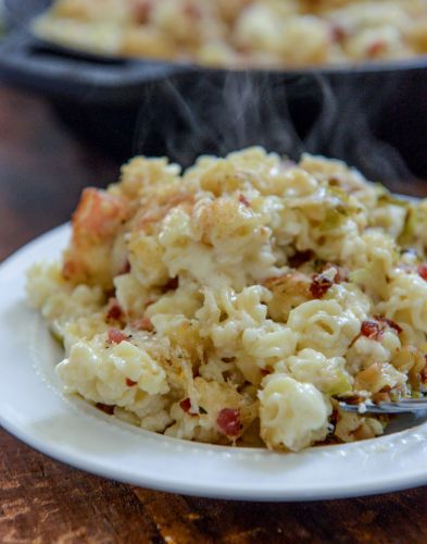 Skillet Brussels Sprouts and Bacon Mac and Cheese