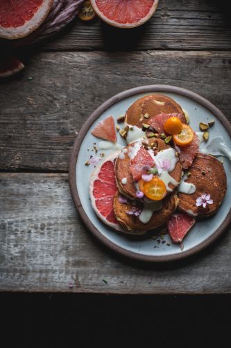 Grapefruit Mascarpone Pancakes with Maple Creme Fraiche