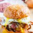 Bacon and Cheese Corned Beef Burger with Guinness Caramelized Onions and a Fried Egg
