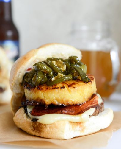 Bacon pineapple burgers with candied jalepenos and sweet chili mayo