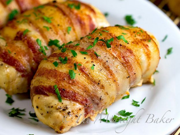 Bacon Wrapped Cheese and Mushroom Stuffed Chicken Breasts