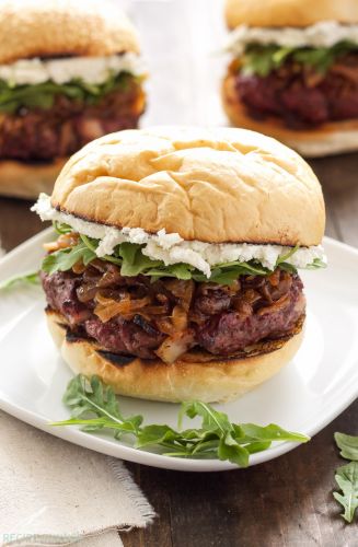 BACON BURGERS WITH BOURBON CARAMELIZED ONIONS AND GOAT CHEESE