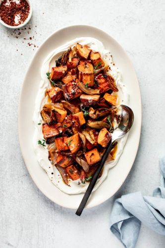 Balsamic Roasted Sweet Potatoes + Shallots with Yogurt