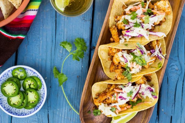 BBQ Cauliflower & Chickpea Tacos with a Creamy Lime Slaw