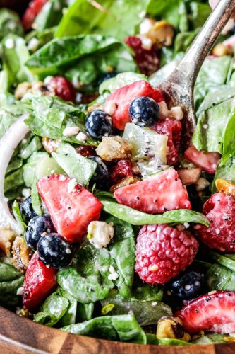 Berry feta spinach salad with creamy strawberry poppy seed dressing