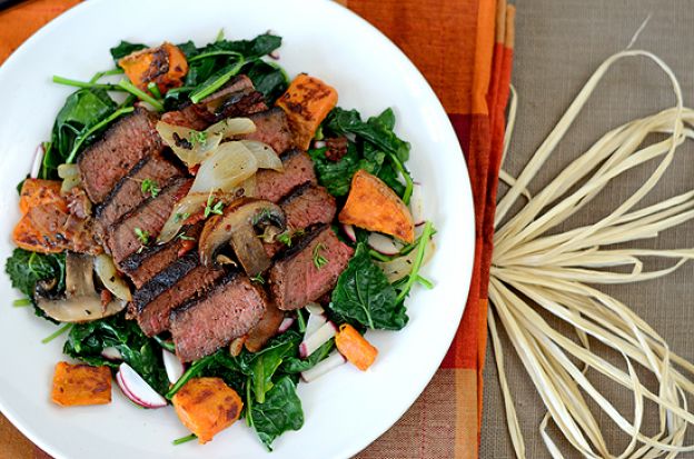 Grilled Bison & Sweet Potato Kale Salad