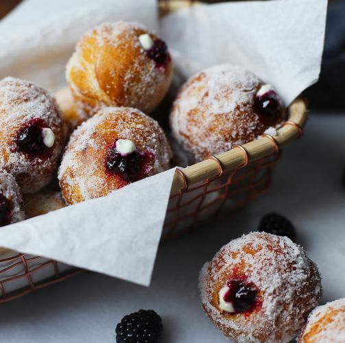 Blackberry thyme jam and whipped goat cheese filled donuts