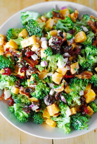 Broccoli salad with bacon, raisins and cheddar cheese