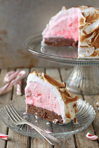 Brownie and candy cane ice cream baked Alaska