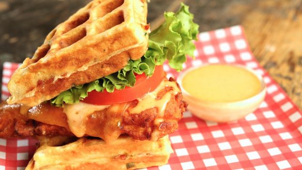 Buttermilk Fried Chicken and Bacon Cheddar Waffle Sandwich