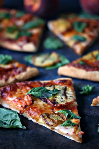 Grilled Peach and Chicken Pizza with Fresh Basil