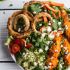 Buffalo Chicken + Blue Cheese Guacamole and Crunchy Baked Onion Ring Salad