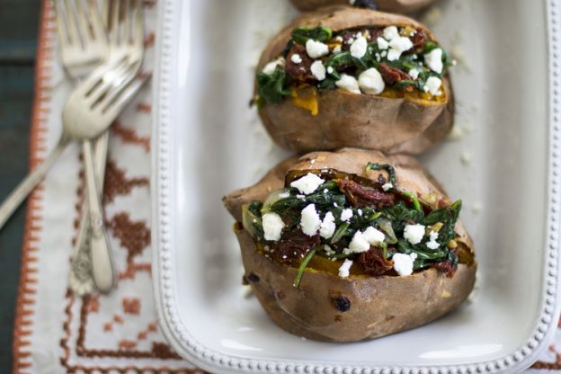 Spinach, Sun-Dried Tomato and Goat Cheese Stuffed Sweet Potatoes