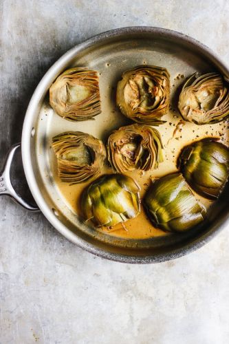 easy braised artichokes with lemon + macadamia nut oil