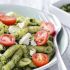 Pesto penne with cherry tomatoes and feta