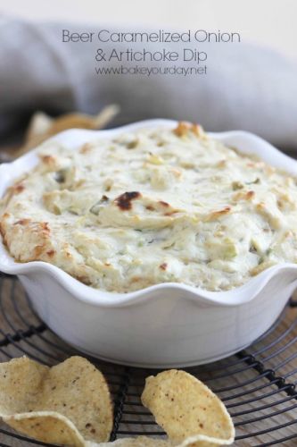 Cheesy Beer, Caramelized Onion and Artichoke Dip