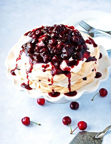 Pavlova With Red Wine Cherry Compote And Mascarpone Whipped Cream