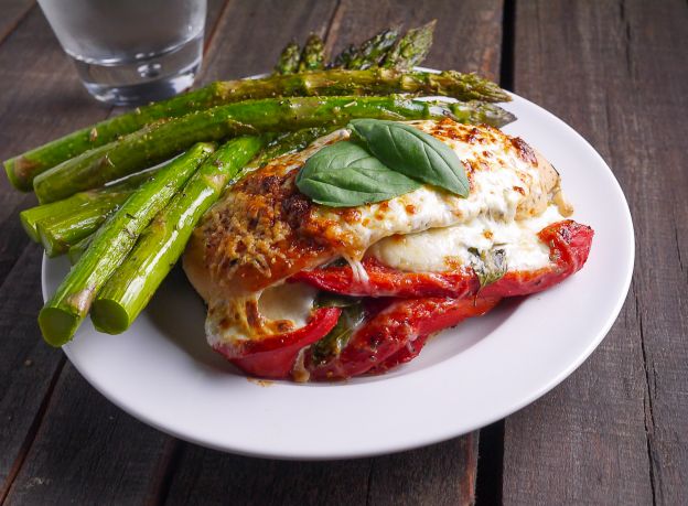 Roasted red pepper, mozzarella and basil stuffed chicken