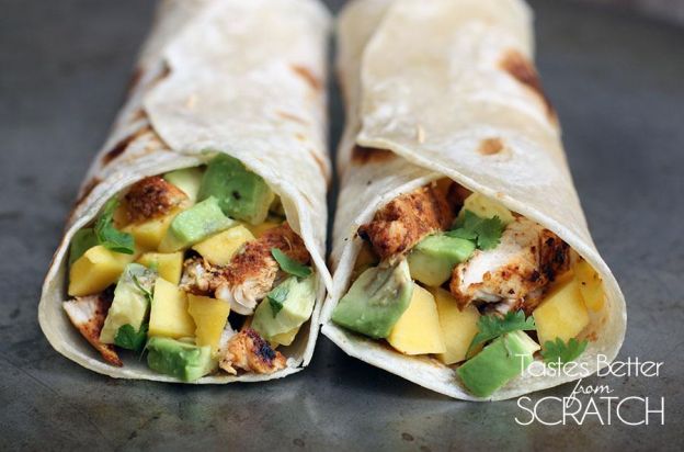 Chili lime chicken wraps with mango avocado salsa