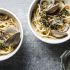Linguine with clams and almonds and herbs
