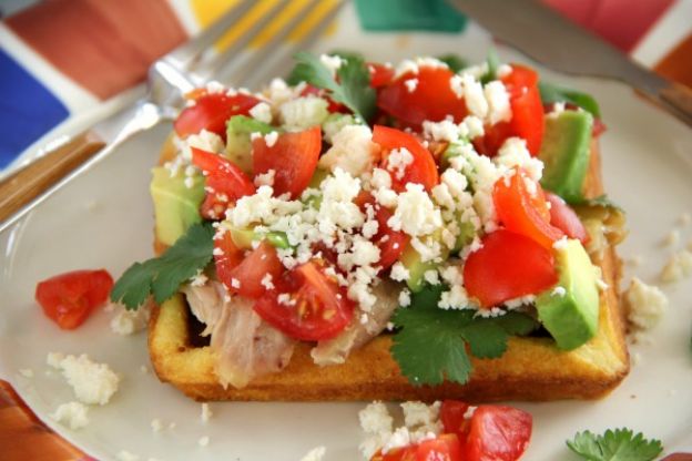 Cornbread Waffles with Chicken, Avocado and Sweet and Spicy Crema