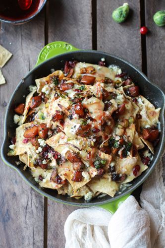 Cranberry, Butternut and Brussels Sprout Brie Skillet Nachos
