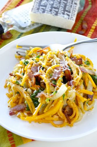 Creamy butternut squash noodles with bacon and spinach