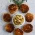 Crispy goat cheese risotto cakes with vanilla salted pears