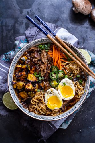 Caramelized pork ramen noodle soup