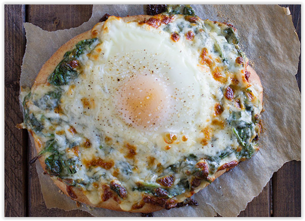 78. Creamed spinach and egg pizza