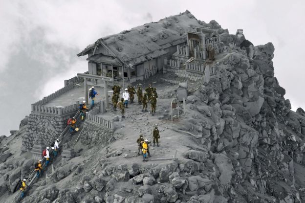 A temple covered in volcanic ash in Japan