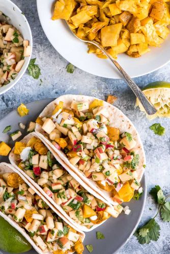 Chicken Cabbage Potato Tacos with Apple Pico de Gallo
