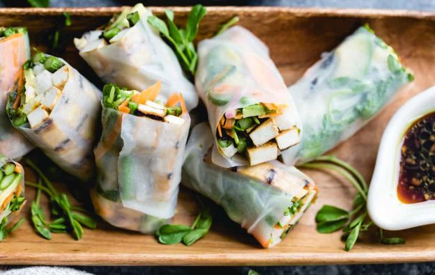Grilled Asparagus Tofu Spring Rolls with Ginger-Lime Dipping Sauce
