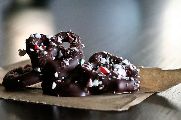 Dark chocolate candy cane pretzels
