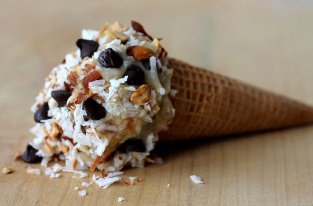 Banana Ice Cream with Toasted Coconut Almonds and Dark Chocolate