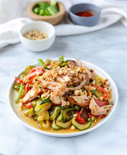Thai drunken zucchini noodles with spicy honey chicken