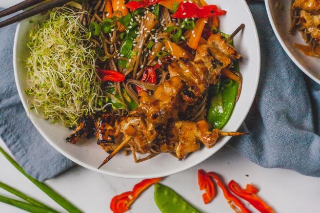 Teriyaki Salmon Skewers with Sesame Buckwheat Soba Noodles